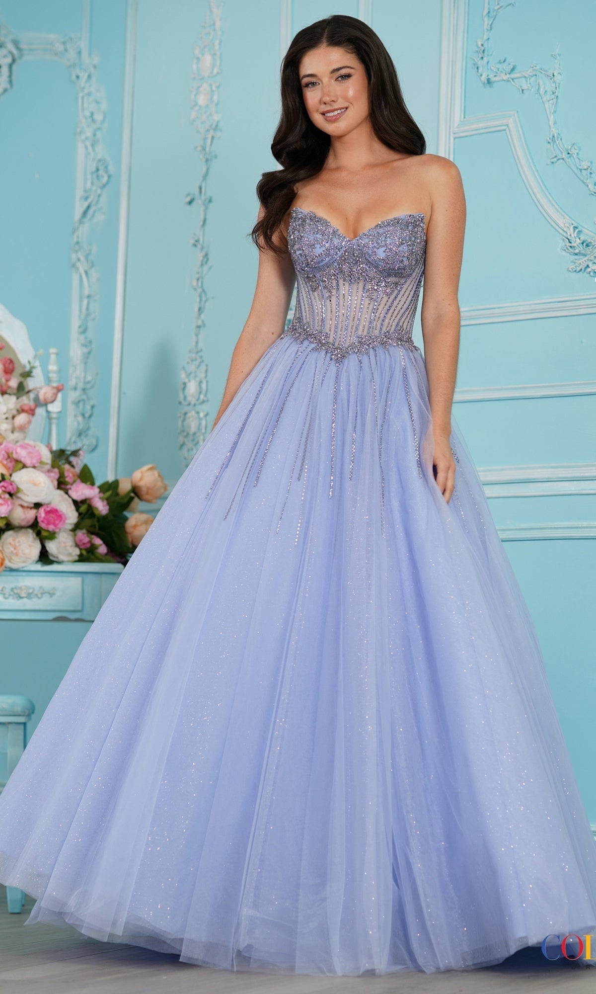 Colors Dress 4004 long prom dress in peri, featuring a floor-length ball gown silhouette with a beaded corset bodice and a full tulle skirt.